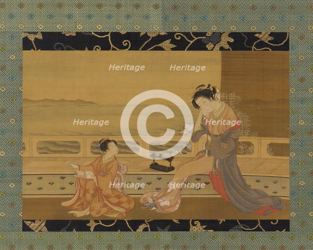 Two girls on a balcony overlooking the sea, Edo period, 1739-1820. Creator: Kitao Shigemasa.