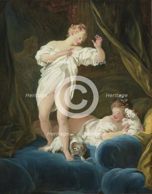 Two Girls on a Bed Playing with their Dogs. Artist: Fragonard, Jean Honoré (1732-1806)