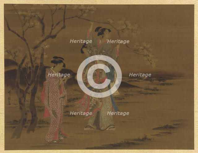 Two girls and a man under a cherry tree, Edo period, 1615-1868. Creator: Unknown.