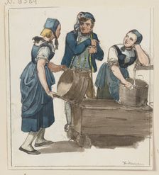 Two girls and a boy at a fountain, c1830-1880. Creator: Jakob Dielmann