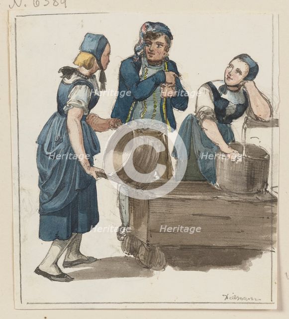 Two girls and a boy at a fountain, c1830-1880. Creator: Jakob Dielmann.