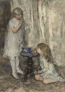 Two Girls Blowing Bubbles, c.1880. Creator: Jacob Henricus Maris
