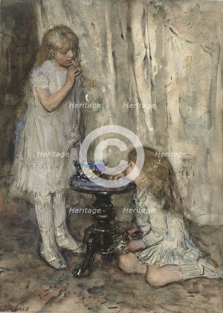 Two Girls Blowing Bubbles, c.1880. Creator: Jacob Henricus Maris.