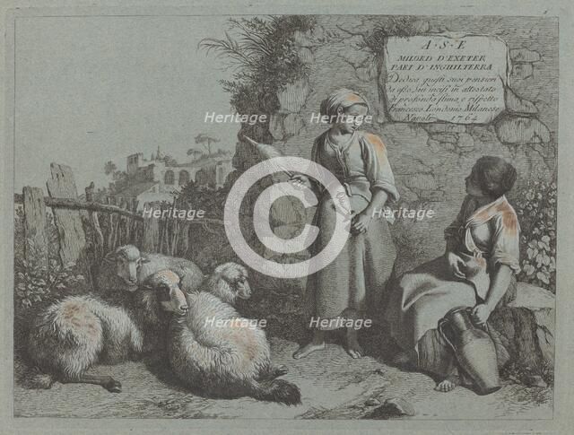 Two Girls Conversing: One Standing and Spinning, 1764. Creator: Francesco Londonio.