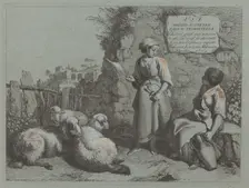 Two Girls Conversing: One Standing and Spinning, 1764. Creator: Francesco Londonio