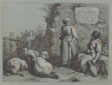 Two Girls Conversing: One Standing and Spinning, 1764. Creator: Francesco Londonio