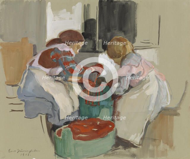 Two Girls Dyeing Fabric, 1913. Creator: Eero Jarnefelt.
