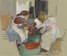 Two Girls Dyeing Fabric, 1913. Creator: Eero Jarnefelt