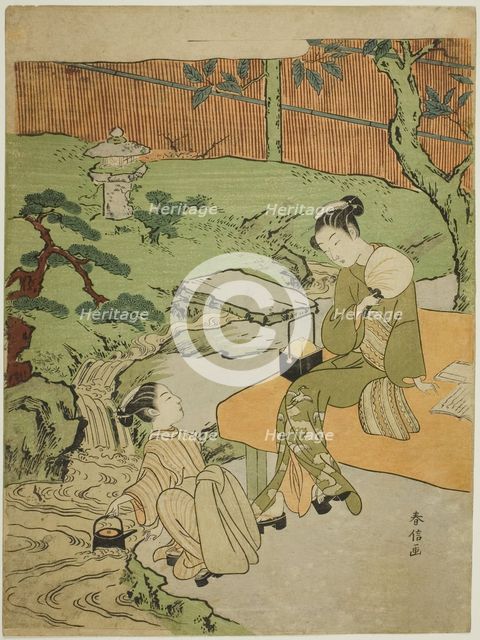 Two Girls Enjoying the Evening Cool in a Garden, c. 1765/70. Creator: Suzuki Harunobu.