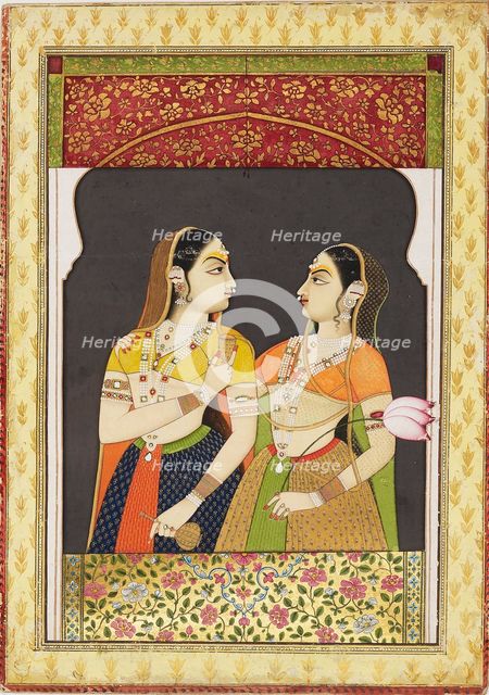 Two girls in an archway with a curtain, 19th century. Artist: Unknown.