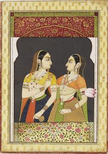 Two girls in an archway with a curtain, 19th century