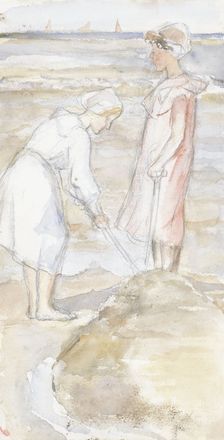 Two girls in pink and white on the beach, 1834-1911. Creator: Jozef Israels