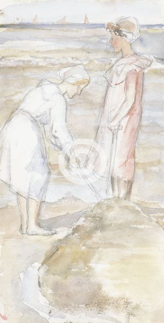 Two girls in pink and white on the beach, 1834-1911. Creator: Jozef Israels.