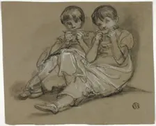 Two Girls Playing on Combs (recto); Sketch of Seated Woman with Fragment of Another... , c. 1790. Creators: Thomas Barker, Thomas Jones Barker