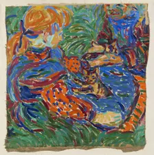 Two girls playing with cat, 1907