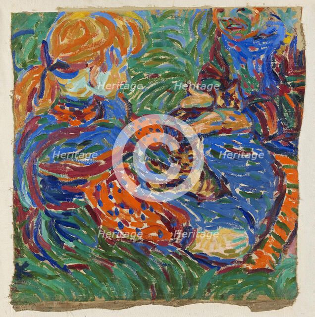 Two girls playing with cat, 1907.