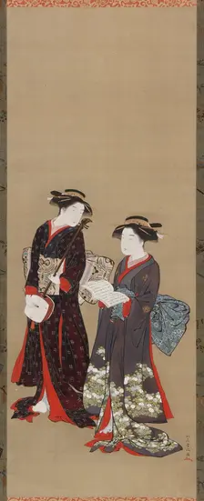Two girls standing, one holding an open book, 1615-1868. Creator: Kitao Shigemasa