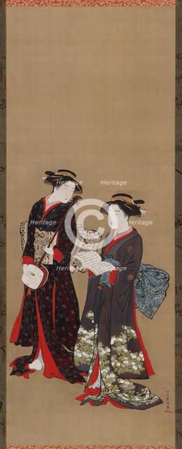 Two girls standing, one holding an open book, 1615-1868. Creator: Kitao Shigemasa.