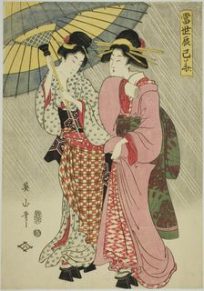 Two girls under an umbrella, from the series "Contemporary Flowers of the Southeast..., 1807. Creator: Kikukawa Eizan