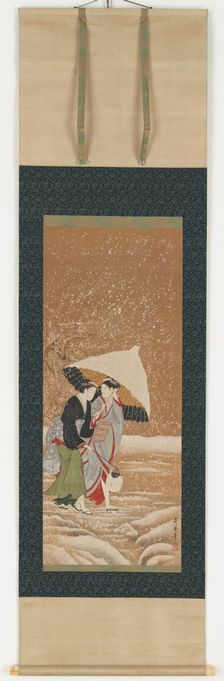 Two girls under umbrella in snowstorm, 1753-1806. Creator: Kitagawa Utamaro