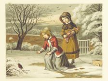 Two girls with a robin, 1853. Creator: Unknown
