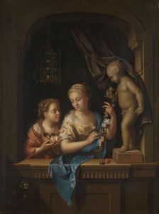 Two Girls with Flowers by a Statue of Cupid, 1713. Creator: Pieter van der Werff