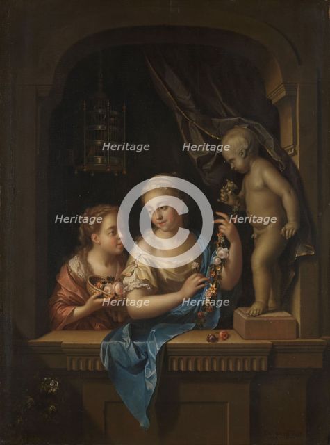 Two Girls with Flowers by a Statue of Cupid, 1713. Creator: Pieter van der Werff.