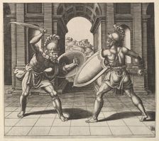 Two gladiators fighting in front of an arch, 1530-60. Creator: Master of the Die