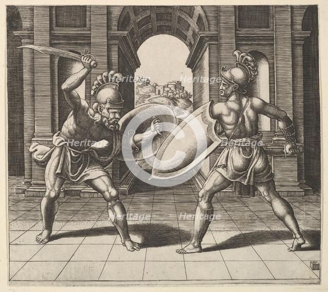Two gladiators fighting in front of an arch, 1530-60. Creator: Master of the Die.
