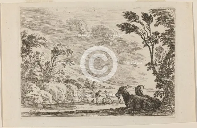 Two Goats Lying Down, 1642. Creator: Stefano della Bella.