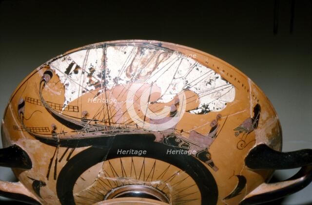 Two Greek Ships on a Greek Vase (Kylix), c6th century BC.  Artist: Nikosthenes.