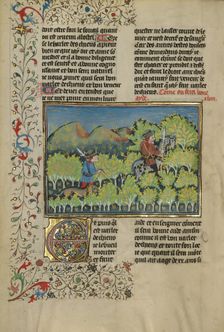 Two Hunters and a Dog; Livre de la Chasse, about 1430-1440. Creator: Unknown