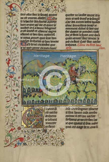 Two Hunters and a Dog; Livre de la Chasse, about 1430-1440. Creator: Unknown.