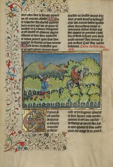 Two Hunters and a Dog; Livre de la Chasse, about 1430-1440. Creator: Unknown