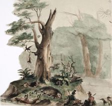Two hunters with their dogs next to the shot game in a cool landscape, 1850-1855. Creator: Karl Anders Ekman