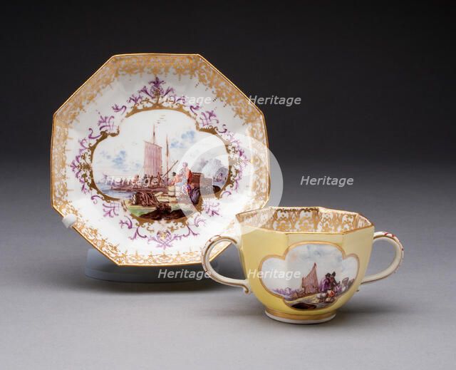 Two-handled Cup and Saucer, Meissen, c. 1735. Creator: Meissen Porcelain.