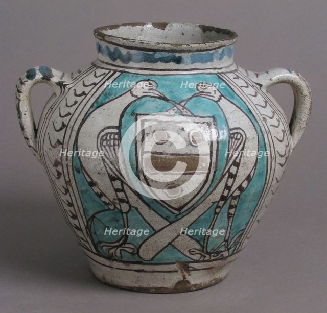 Two-Handled Jar with Birds and a Coat of Arms, Italian, early 1400s. Creator: Unknown.