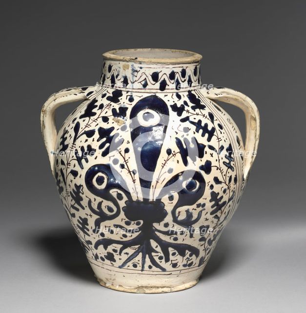 Two-Handled "Oak Leaf" Pharmacy Jar with Fleur-de-Lys, c. 1430-1450. Creator: Giunta di Tugio (Italian, c. 1382-1450), workshop of.