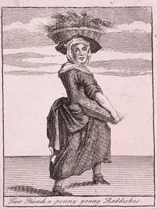 Two Hands a penny young Raddishes Cries of London, (c1688?). Artist: Anon