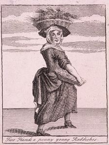 Two Hands a penny young Raddishes Cries of London, (c1688?). Artist: Anon