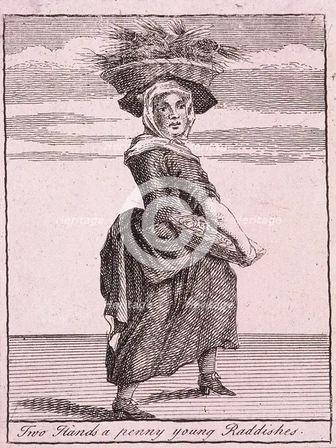 'Two Hands a penny young Raddishes', Cries of London, (c1688?). Artist: Anon