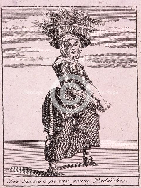 'Two Hands a penny young Raddishes', Cries of London, (c1688?). Artist: Anon
