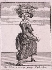 Two Hands a penny young Raddishes Cries of London, (c1688?). Artist: Anon