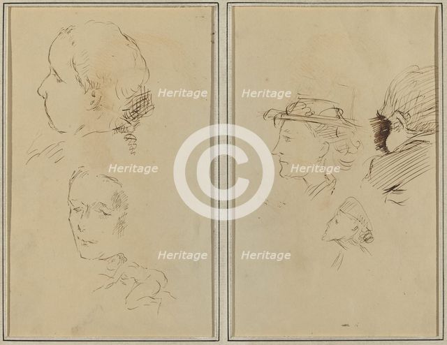Two Head Studies and a Crouching Nude Woman; Two Women's Heads and a...[recto], 1884-1888. Creator: Paul Gauguin.