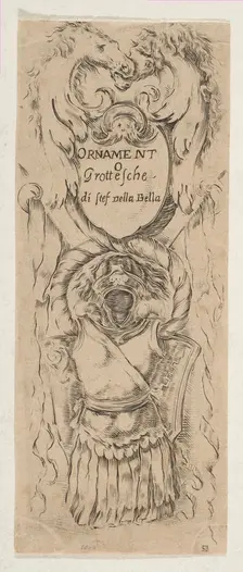 Two Horse Heads Framing a Shield, ca. 1653. Creator: Stefano della Bella