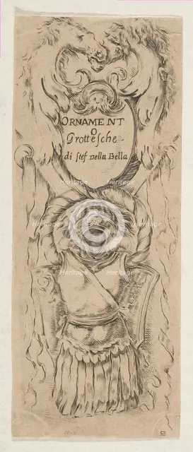 Two Horse Heads Framing a Shield, ca. 1653. Creator: Stefano della Bella.