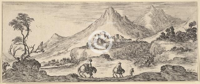 Two horseman descend a hill in center, following another man on foot, a castle in the ..., ca. 1641. Creator: Stefano della Bella.