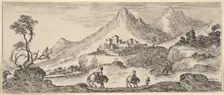 Two horseman descend a hill in center, following another man on foot, a castle in the ..., ca. 1641. Creator: Stefano della Bella