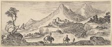 Two horseman descend a hill in center, following another man on foot, a castle in the ..., ca. 1641. Creator: Stefano della Bella