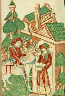 Two Horsemen of King Avenir before the Pagan Scholar Nachor; Barlaam und Josaphat, 1469. Creators: Hans Schilling, Diebolt Lauber